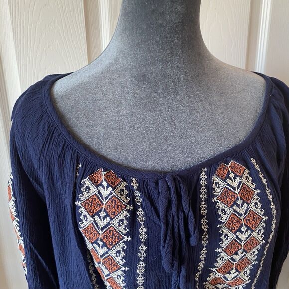 Solitaire Blouse Women’s Size Large Southwestern Hippie Boho Round Neck - Picture 2 of 11